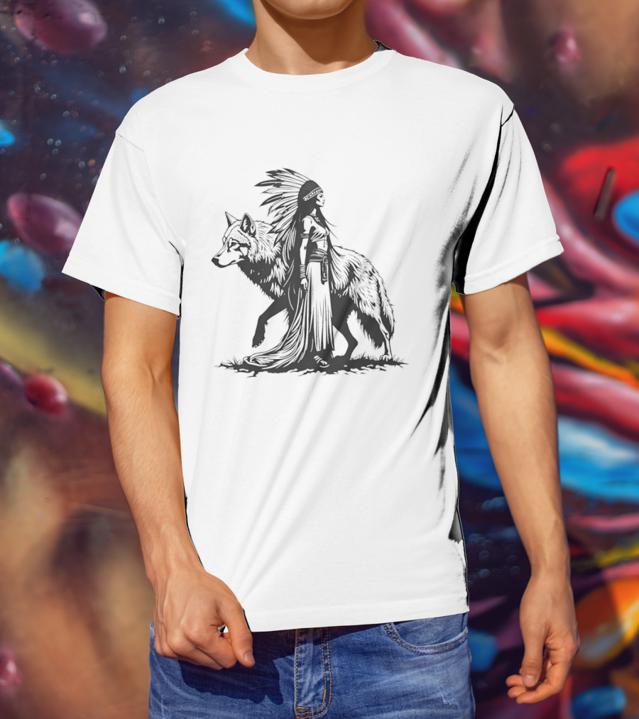Native Woman And Wolf Connection Tribal Spirit Headdress T-Shirt