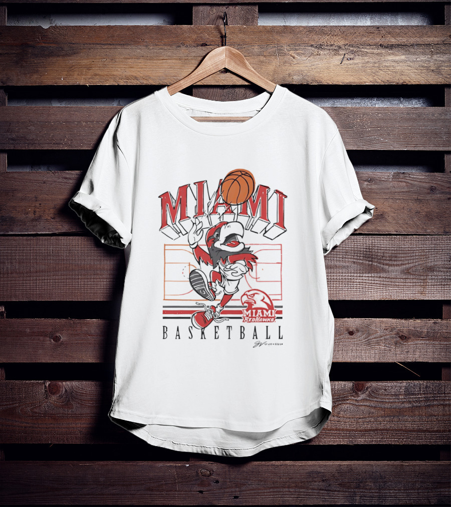 Miami RedHawks Basketball Court Happy Swoop Dunking Bird T-Shirt