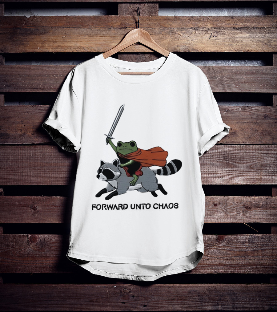Embroidered Sword Wielding Frog Riding Raccoon Forward Unto Chaos T-Shirt