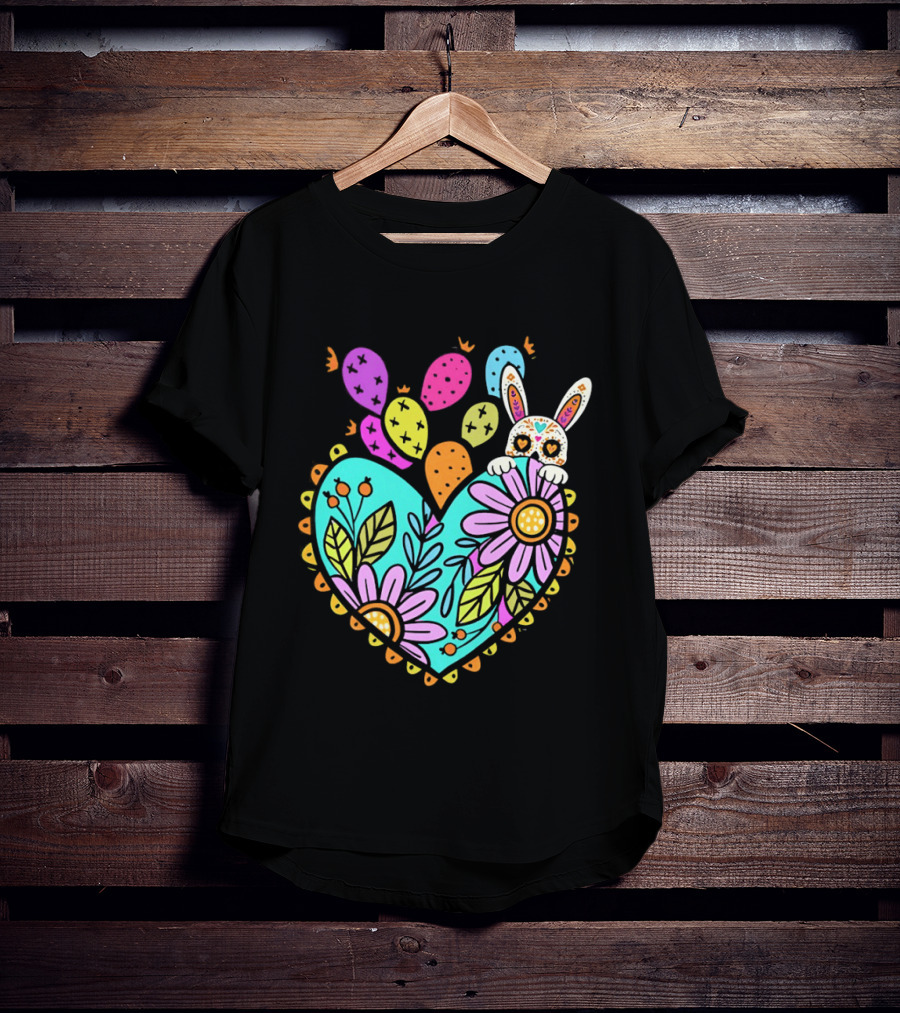Easter Day Rabbit Holding Heart Sagrado Corazon Floral Bunny Balloons T-Shirt