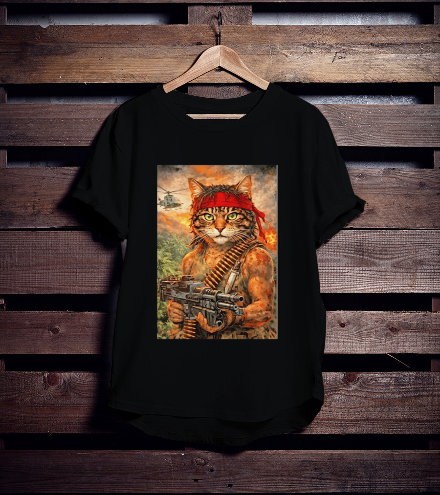 Rambo Cat With MG 3 Gun On Battlefield With Helicopter And Jungle Backdrop T-Shirt