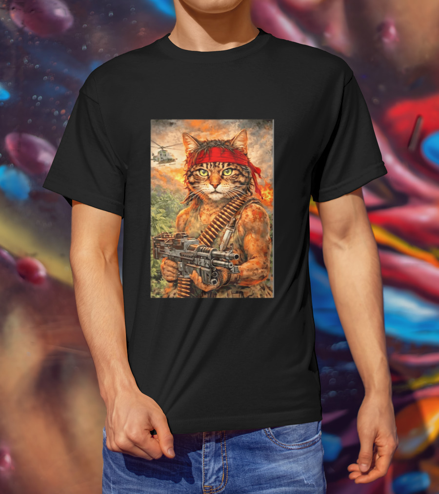 Rambo Cat With MG 3 Gun On Battlefield With Helicopter And Jungle Backdrop T-Shirt