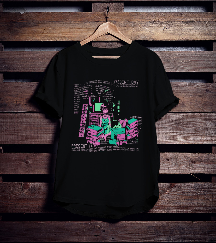 Connect To The Wired Present Day Present Time Retro Tech Aesthetic Stack Of Devices T-Shirt