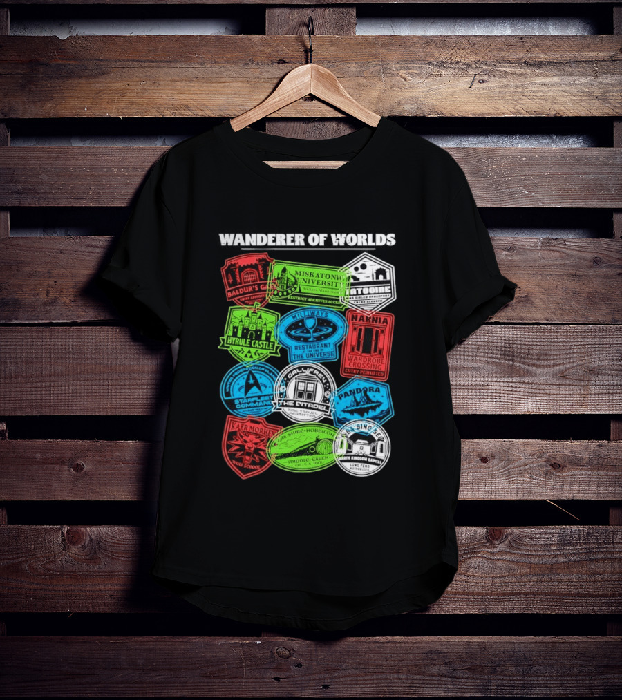 Wanderer Of Worlds Travel Stamps Baldur's Gate Miskatonic Hyrule Middle Earth Narnia T-Shirt