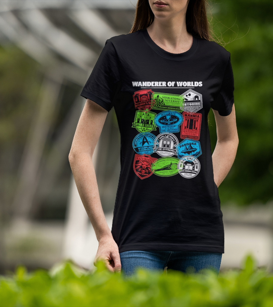 Wanderer Of Worlds Travel Stamps Baldur's Gate Miskatonic Hyrule Middle Earth Narnia T-Shirt
