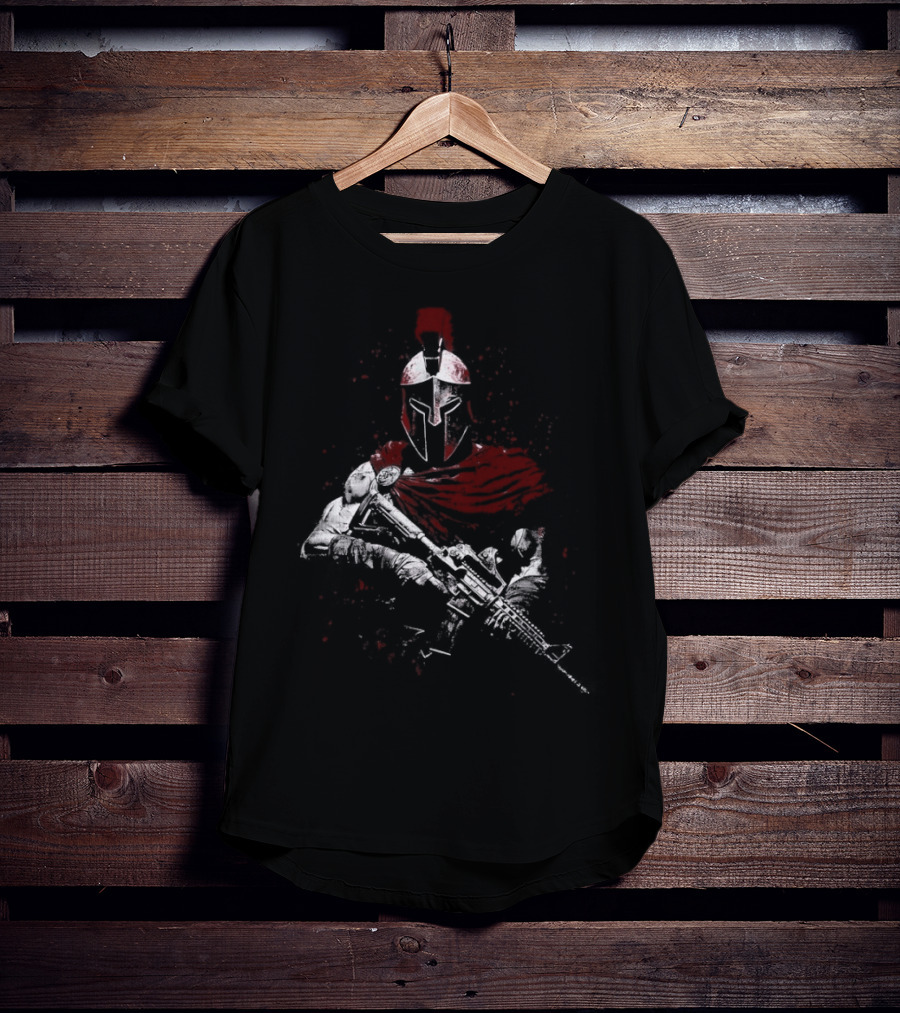 Warrior Ethos Holding Gun Wearing Spartan Helmet Blood Red Cape T-Shirt