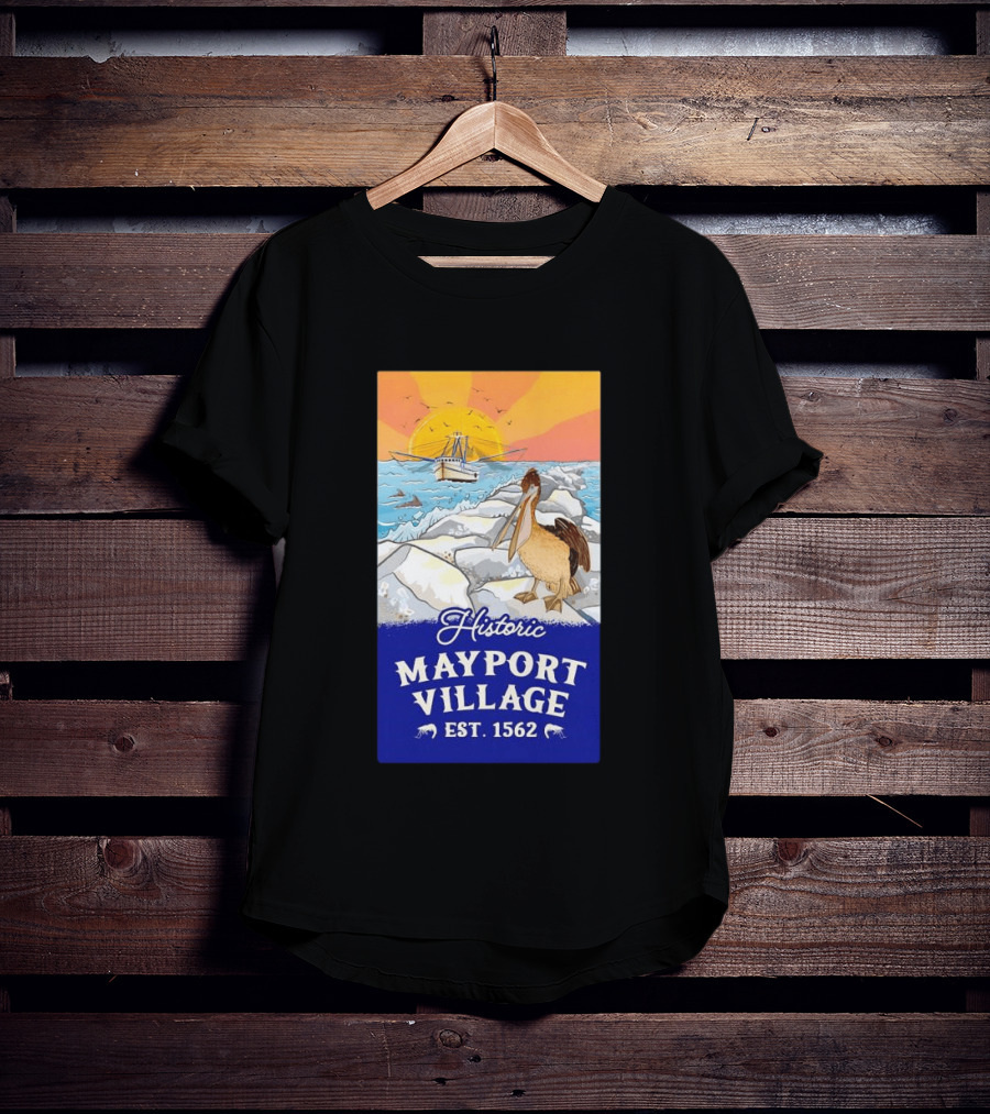 Historic Mayport Village EST 1562 Ocean Sunrise Pelican And Fishing Boat T-Shirt