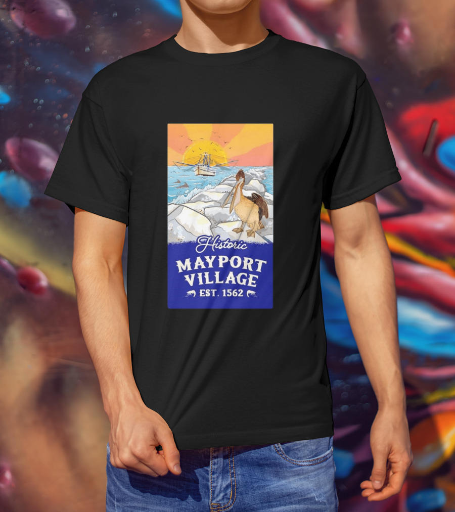 Historic Mayport Village EST 1562 Ocean Sunrise Pelican And Fishing Boat T-Shirt