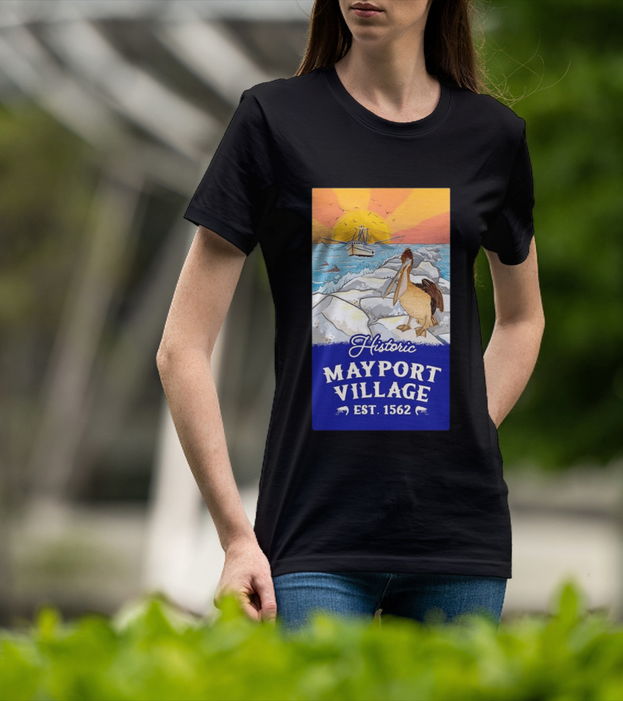 Historic Mayport Village EST 1562 Ocean Sunrise Pelican And Fishing Boat T-Shirt