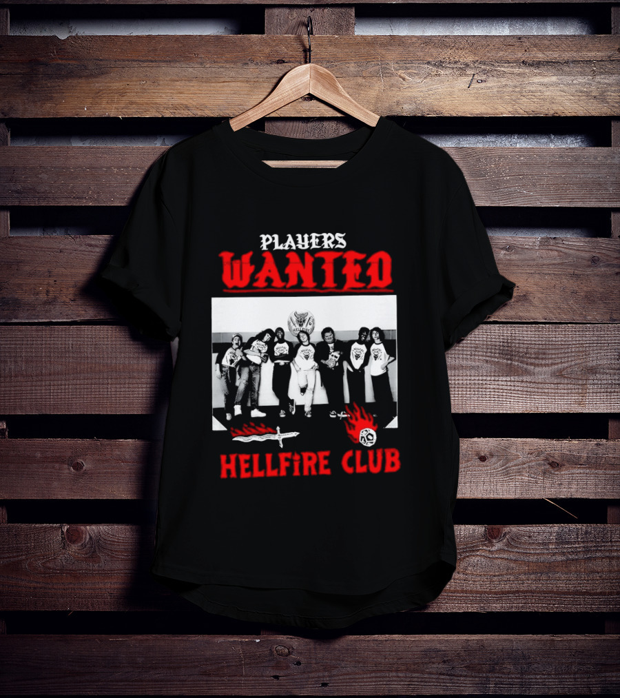 Players Wanted Hellfire Club Retro Group Photo Gaming Dungeons Dragons Fantasy T-Shirt