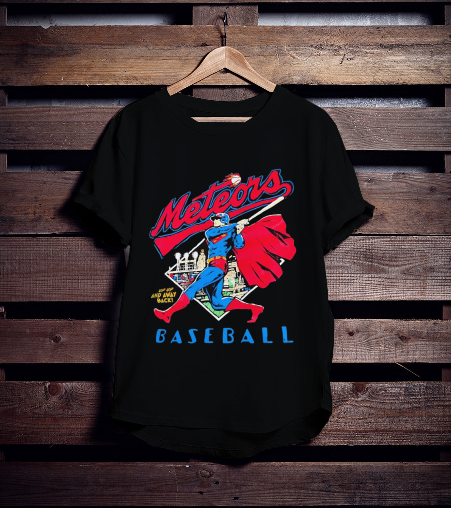 Meteors Baseball Superhero Swinging Bat Power City Stadium Iconic Comic T-Shirt