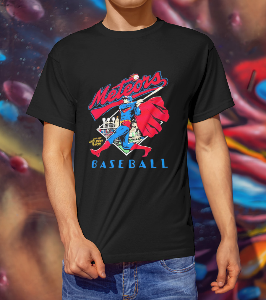 Meteors Baseball Superhero Swinging Bat Power City Stadium Iconic Comic T-Shirt
