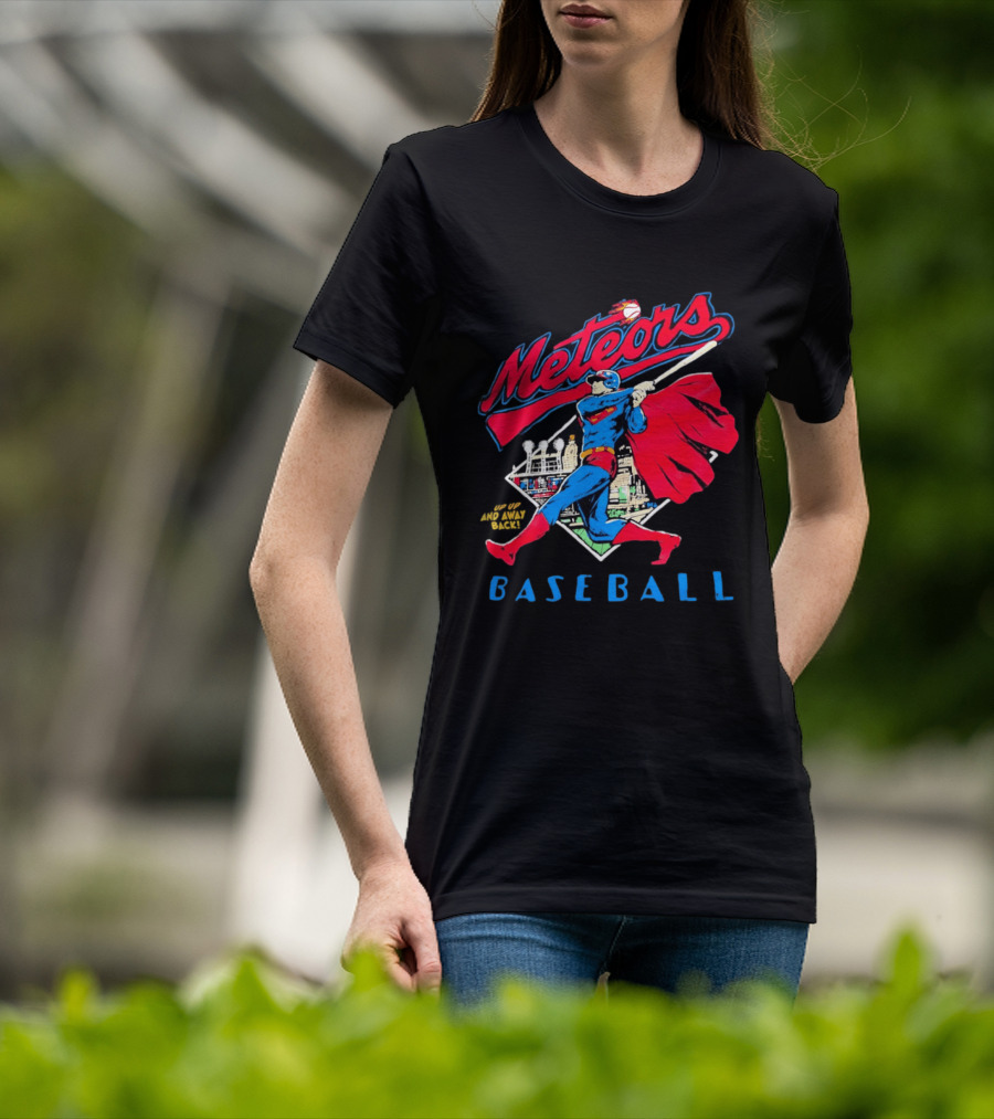 Meteors Baseball Superhero Swinging Bat Power City Stadium Iconic Comic T-Shirt