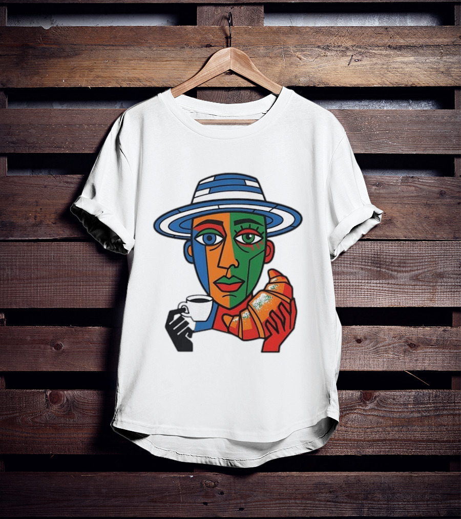 Cubist Coffee Drinker With Hat And Croissant T-Shirt