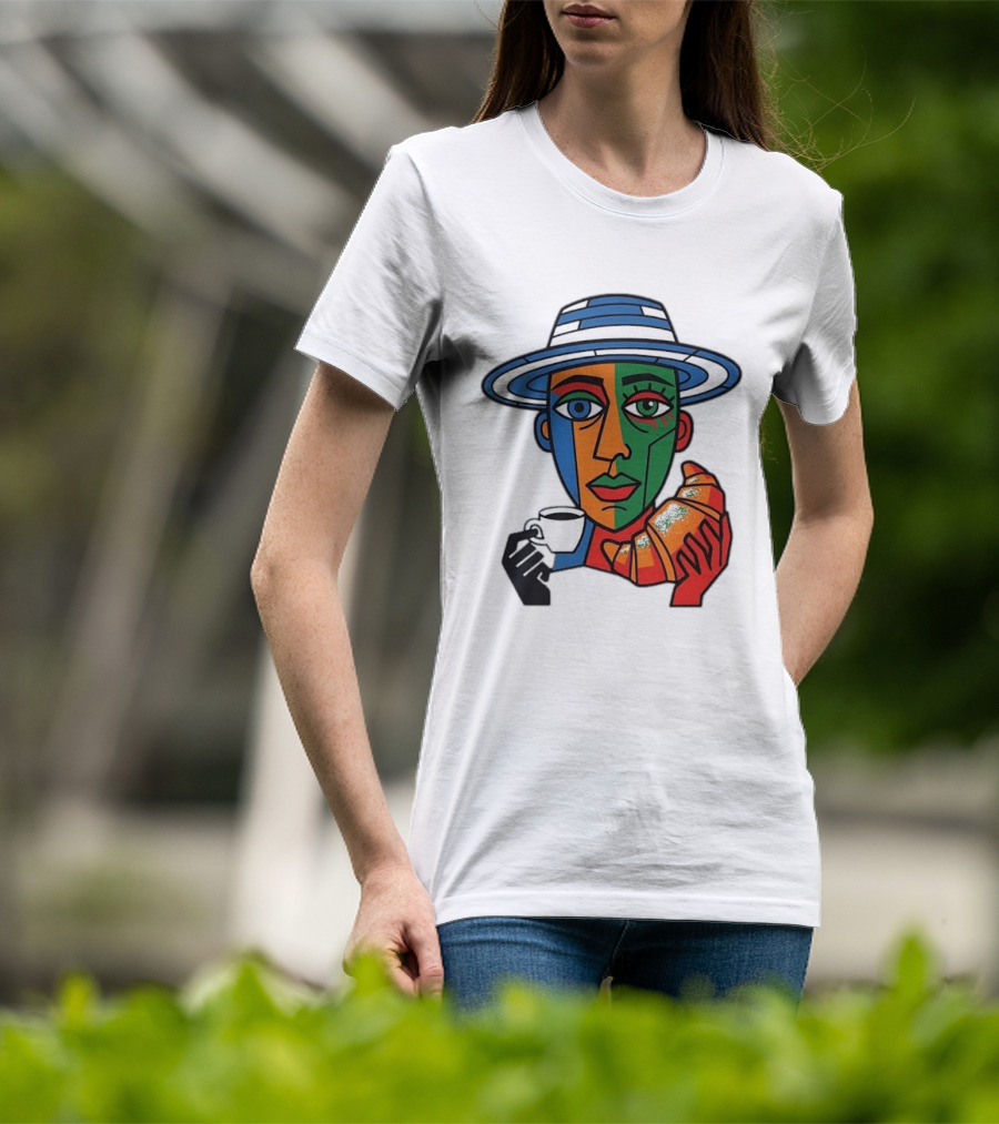 Cubist Coffee Drinker With Hat And Croissant T-Shirt