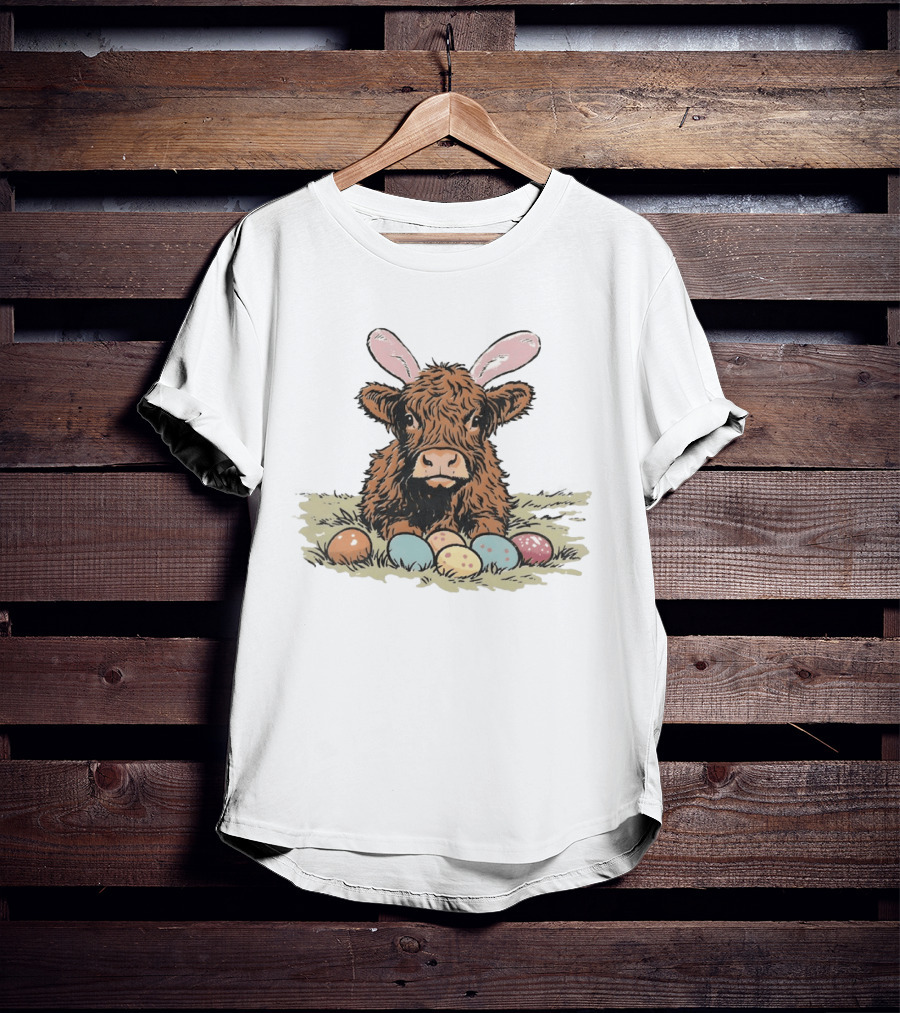 Highland Cow With Easter Eggs And Bunny Ears Easter Day 2026 T-Shirt