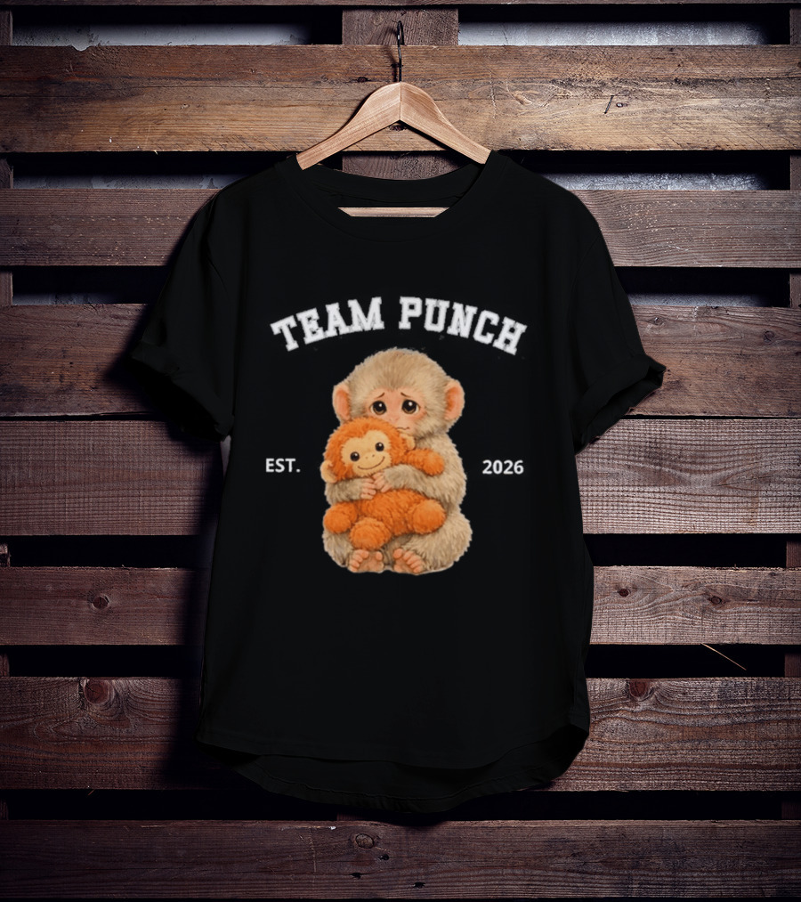 Team Punch Monkey EST 2026 Cute Baby Monkey Holding Plush Toy T-Shirt