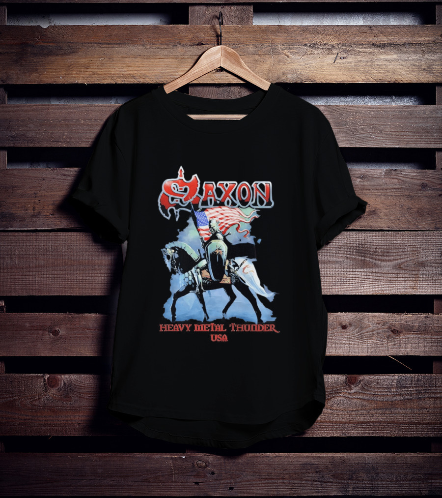 Saxon Heavy Metal Knight With American Flag USA T-Shirt