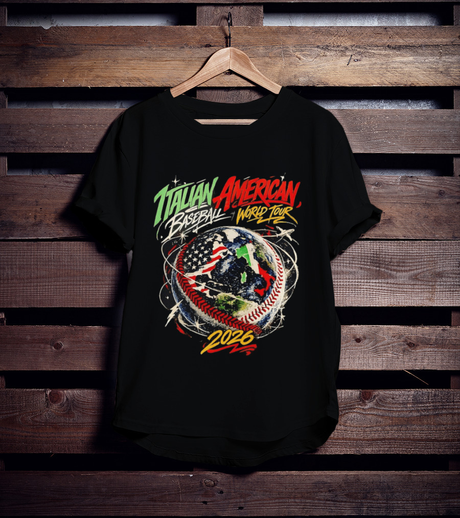 Italian American Baseball World Tour 2026 Flag Design Globe Baseball T-Shirt
