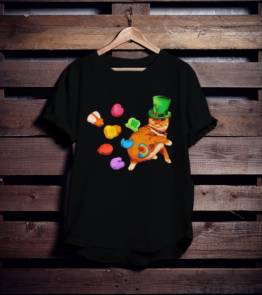 Lucky Cat With Green Clover Hat And Multicolored Elements St Patrick's Day T-Shirt