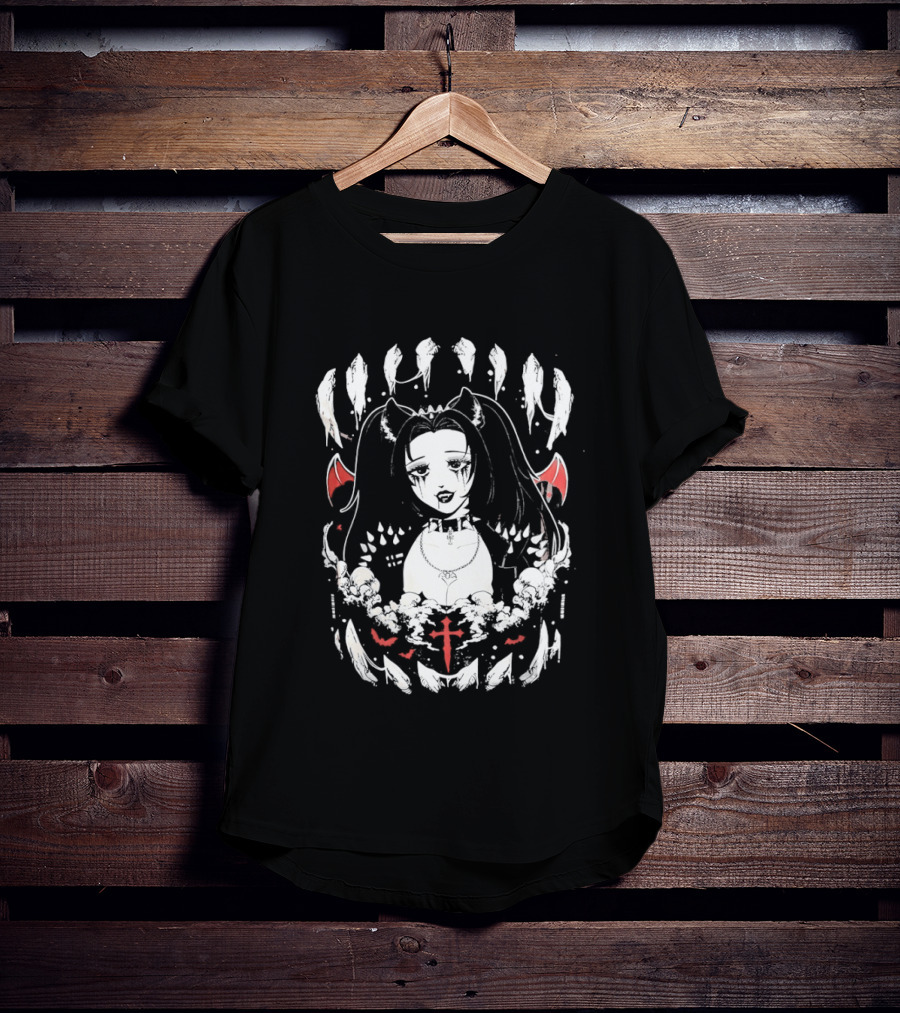 Emo Gothic Girl Bat Wings Cross And Skull Elements Dark Aesthetic T-Shirt