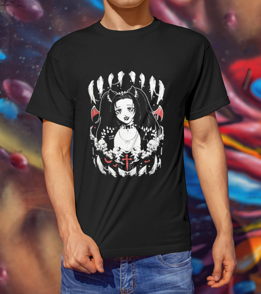 Emo Gothic Girl Bat Wings Cross And Skull Elements Dark Aesthetic T-Shirt