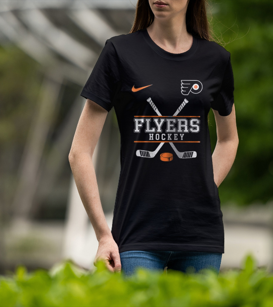 Philadelphia Flyers Nike Hockey Crossed Sticks And Puck T-Shirt