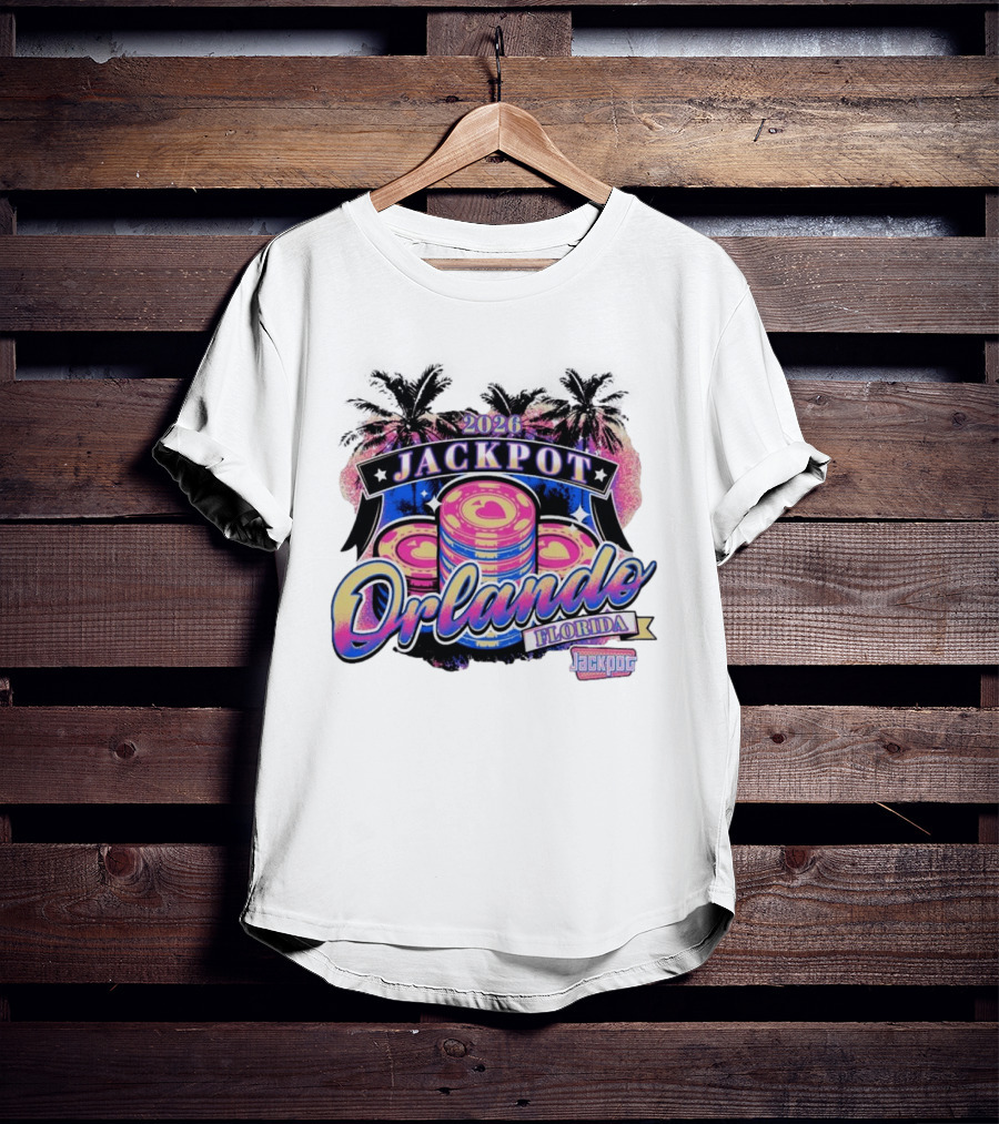 2026 Jackpot Orlando Florida Event With Palm Trees And Poker Chips T-Shirt