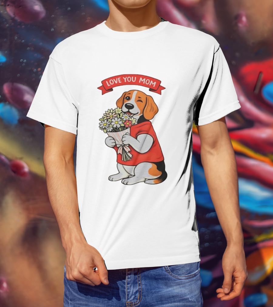 Love You Mom Beagle Holding Flowers Bouquet T-Shirt