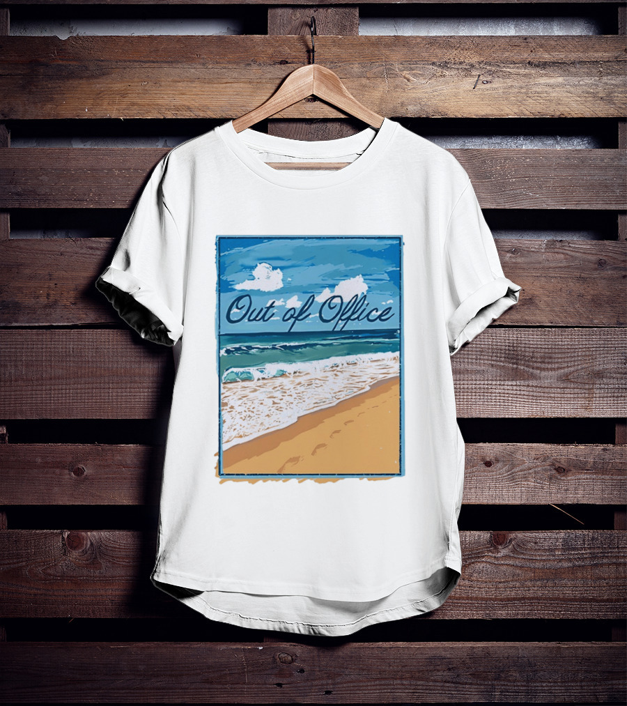 Out Of Office Beach Painting Photo 2025 Blue Sky Ocean Waves Sand T-Shirt