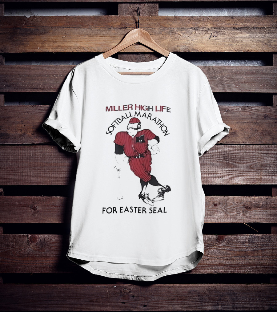 Miller High Life Softball Marathon For Easter Seal Player In Red Uniform T-Shirt