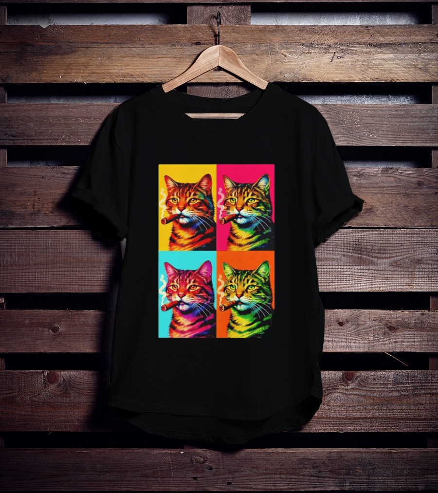 Pop Art Cat Smoking Cigar Colorful Comic T-Shirt