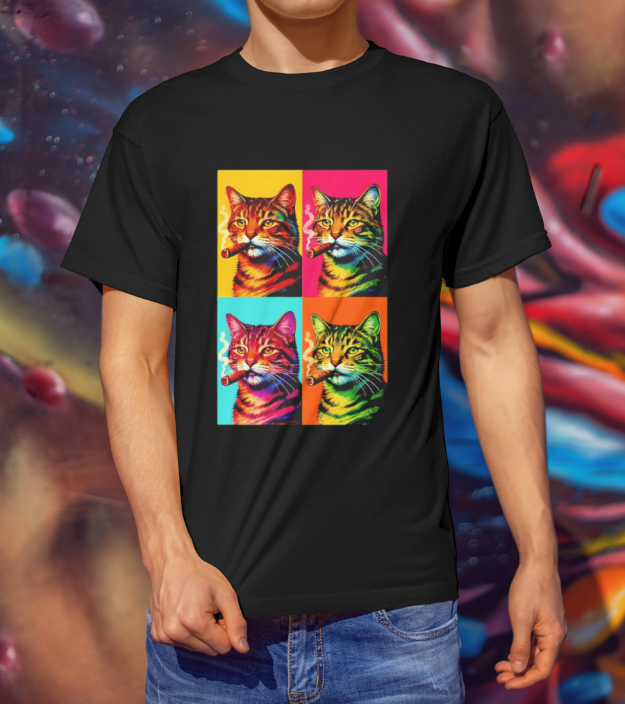 Pop Art Cat Smoking Cigar Colorful Comic T-Shirt