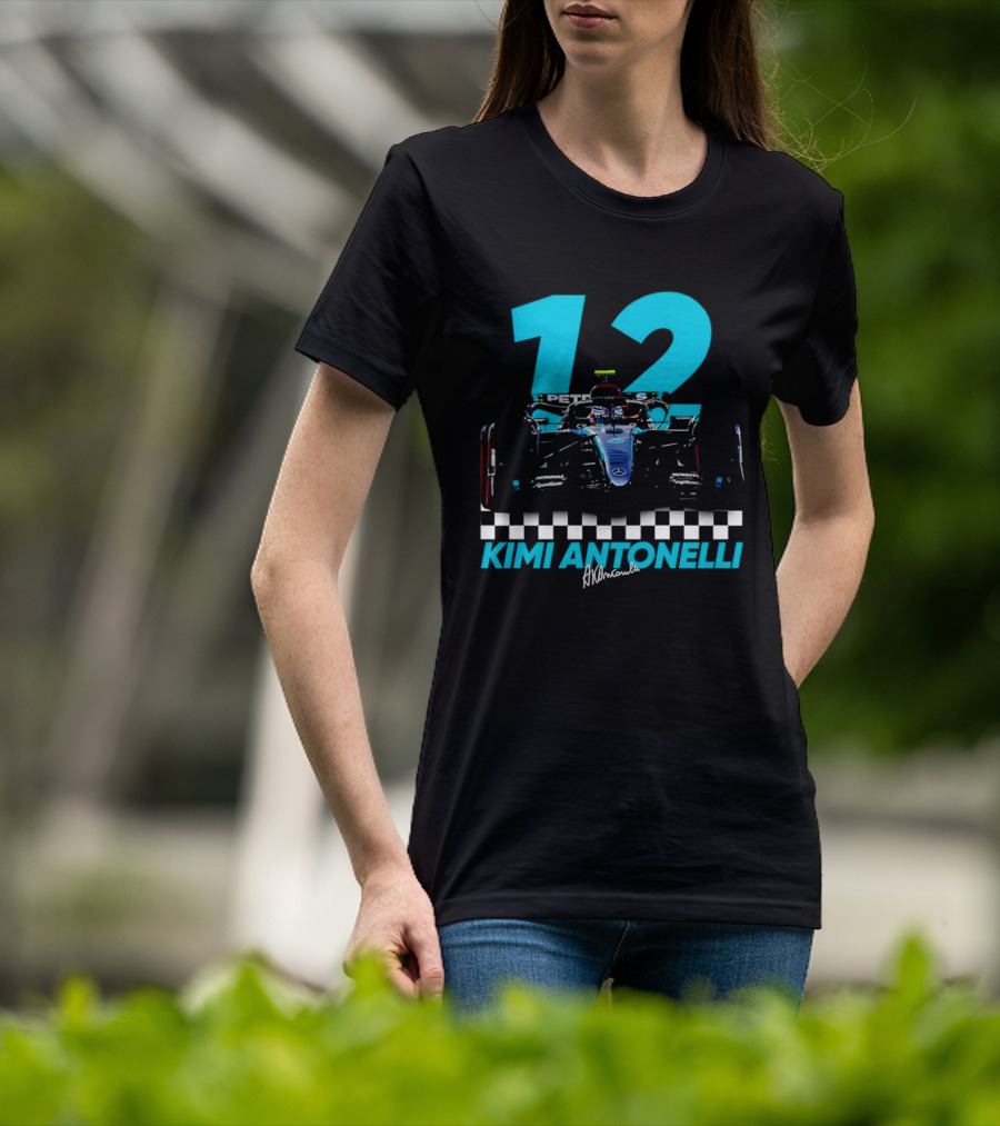 Kimi Antonelli 12 Formula One Racing Car With Checkered Flag T-Shirt