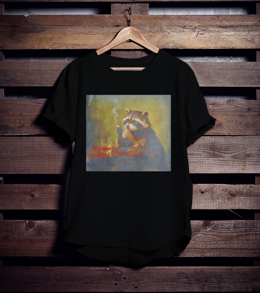 Sad Raccoon Smoking Cigarette And Drinking Whiskey Scene T-Shirt