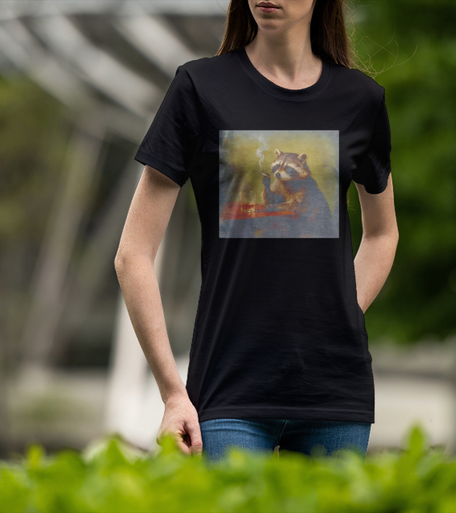 Sad Raccoon Smoking Cigarette And Drinking Whiskey Scene T-Shirt