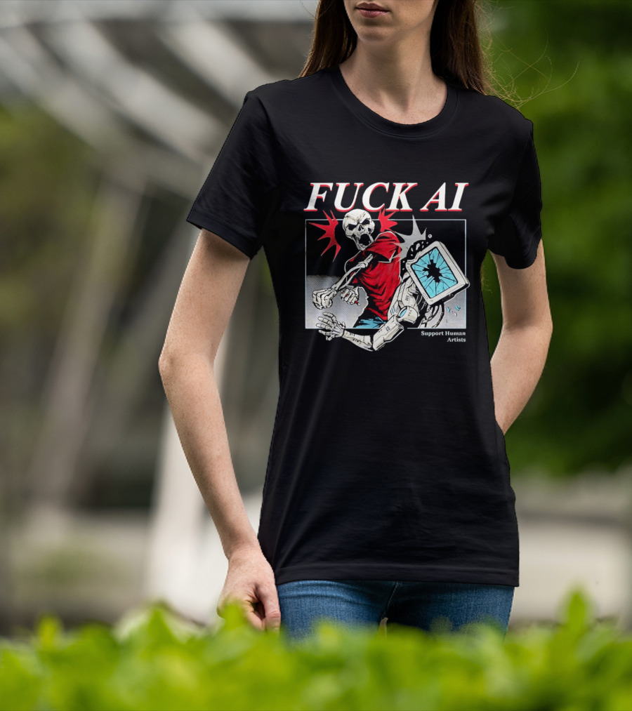 Skeleton Punch Robot Fuck AI Support Human Artists T-Shirt