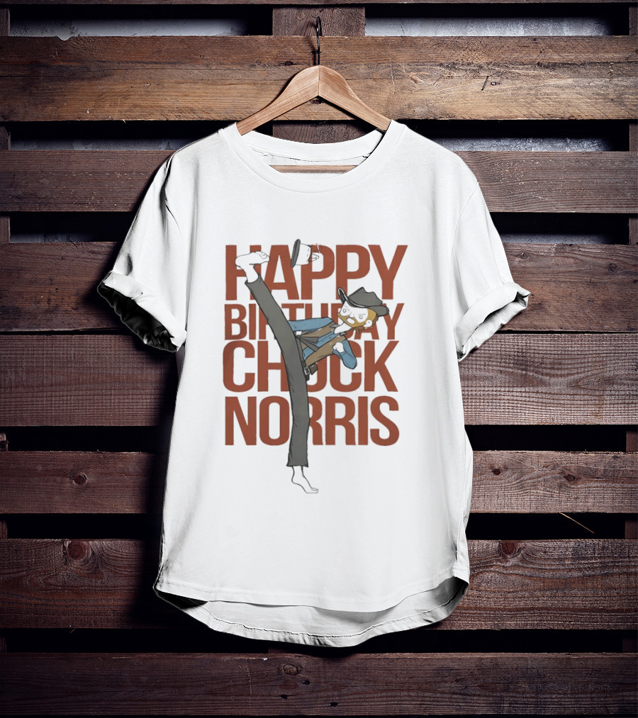 Happy Birthday Chuck Norris 2026 Cowboy Cartoon Kick T-Shirt
