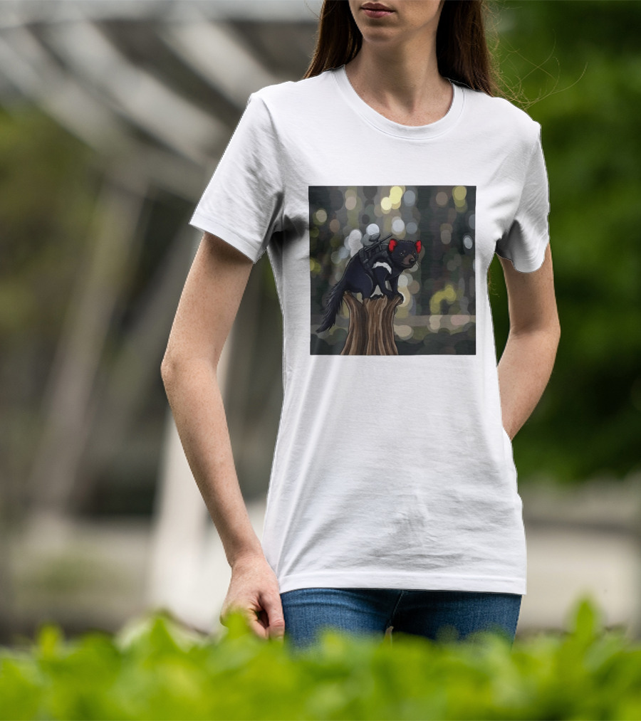 Tasmanian Devil With Machine Gun Cartoon On Tree Stump T-Shirt