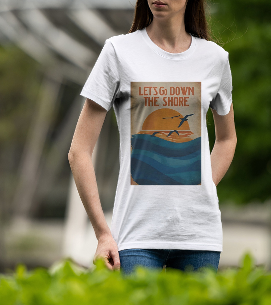 Let's Go Down The Shore Seaside Sunset Ocean Waves And Seagulls T-Shirt