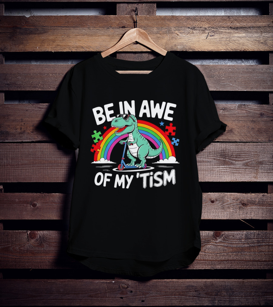 Be In Awe Of My Tism Rex Dinosaur Autism Awareness Rainbow Puzzle T-Shirt