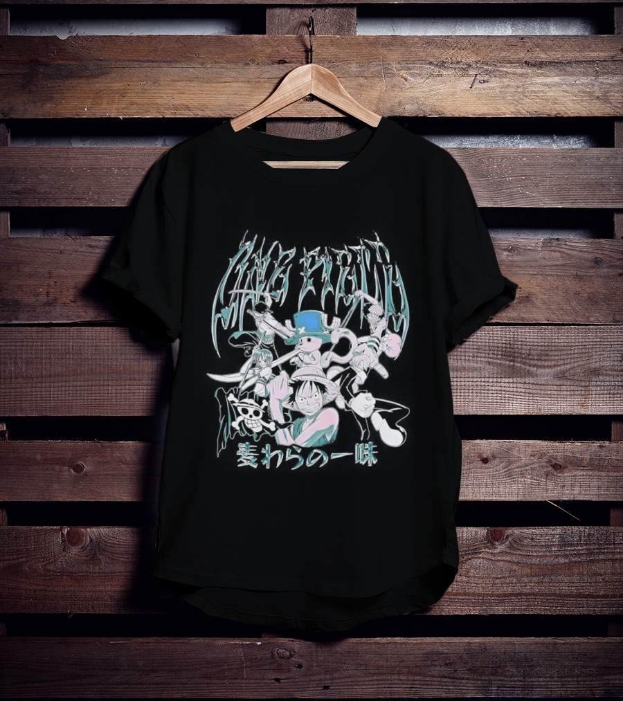 One Piece Group Chrome Luffy Zoro Nami Sanji Chopper Tony Tony Pirate Crew Manga Anime Style Kanji T-Shirt