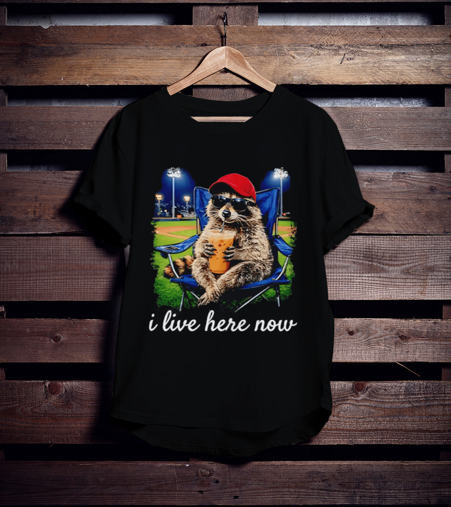 Raccoon I Live Here Now With Sunglasses And Drink At Baseball Field T-Shirt