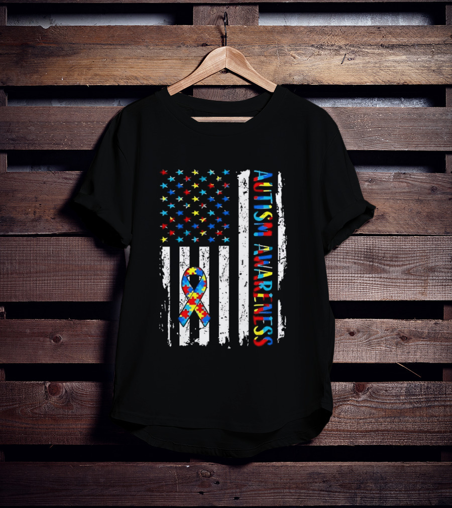 USA Flag Autism Awareness Ribbon Puzzle Pieces T-Shirt