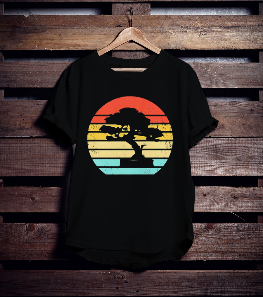 Bonsai Tree Silhouette Japan Retro Sunset T-Shirt