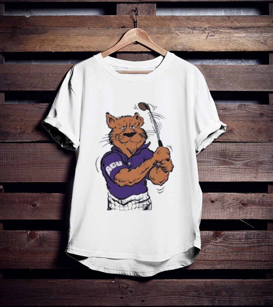 ACU Golf Puma In Purple Polo Swinging A Club T-Shirt
