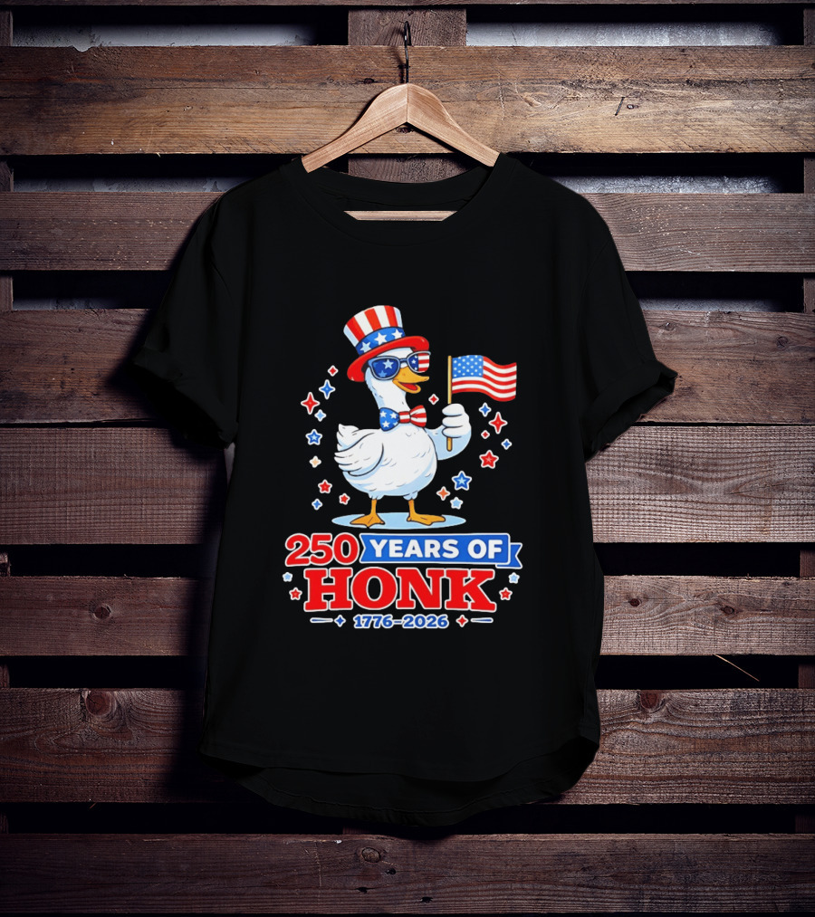Patriotic Goose Holding US Flag 250 Years Of Honk 1776 2026 T-Shirt