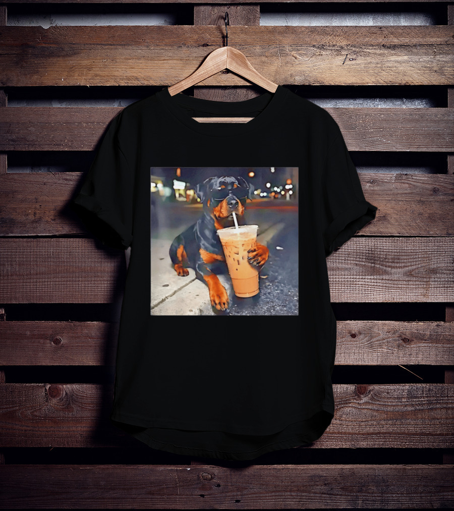 Rottweiler Drinking Iced Coffee Wearing Sunglasses Funny Dog T-Shirt