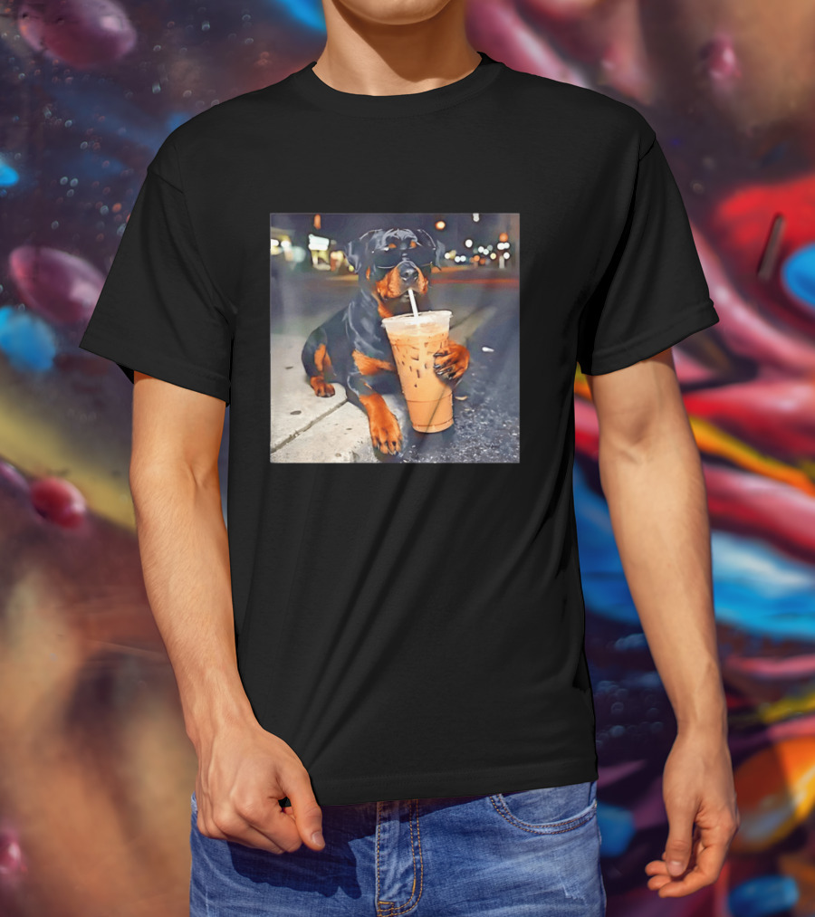 Rottweiler Drinking Iced Coffee Wearing Sunglasses Funny Dog T-Shirt