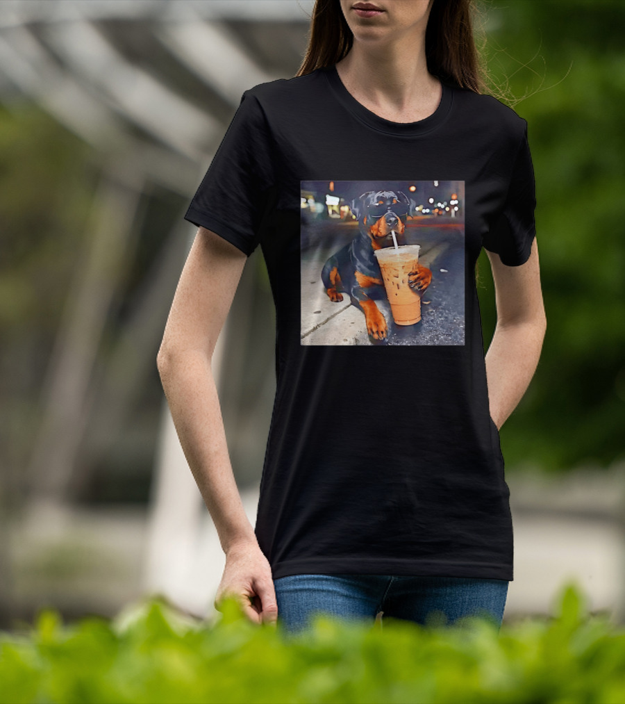 Rottweiler Drinking Iced Coffee Wearing Sunglasses Funny Dog T-Shirt